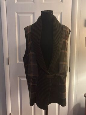 Chaps Brown Plaid Shawl Collar Belted Knit Vest